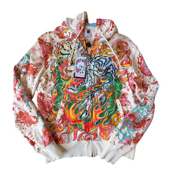 Y2K Vintage Don Ed Hardy x Christian Audigier Tiger Embroidered Hoodie NWT Small